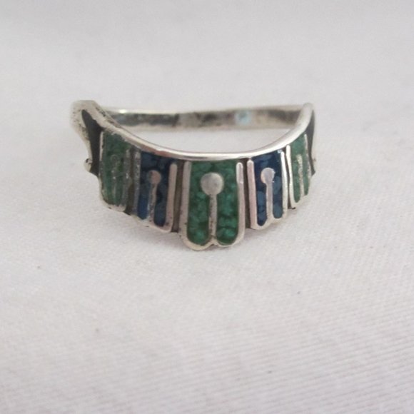 Unknown Jewelry - Vintage Mexico Silver ED Turquoise Inlay Ring